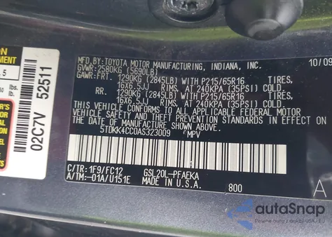 2010 Toyota Sienna Le from USA, damaged, VIN 5TDKK4CC0AS323009